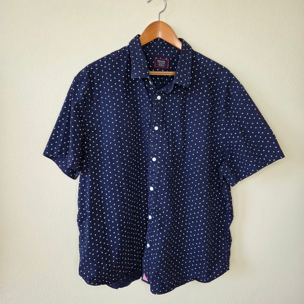 UNTUCKit Mens‎ XXXL Navy Blue Geometric Triangle Print Short Sleeve Button Down